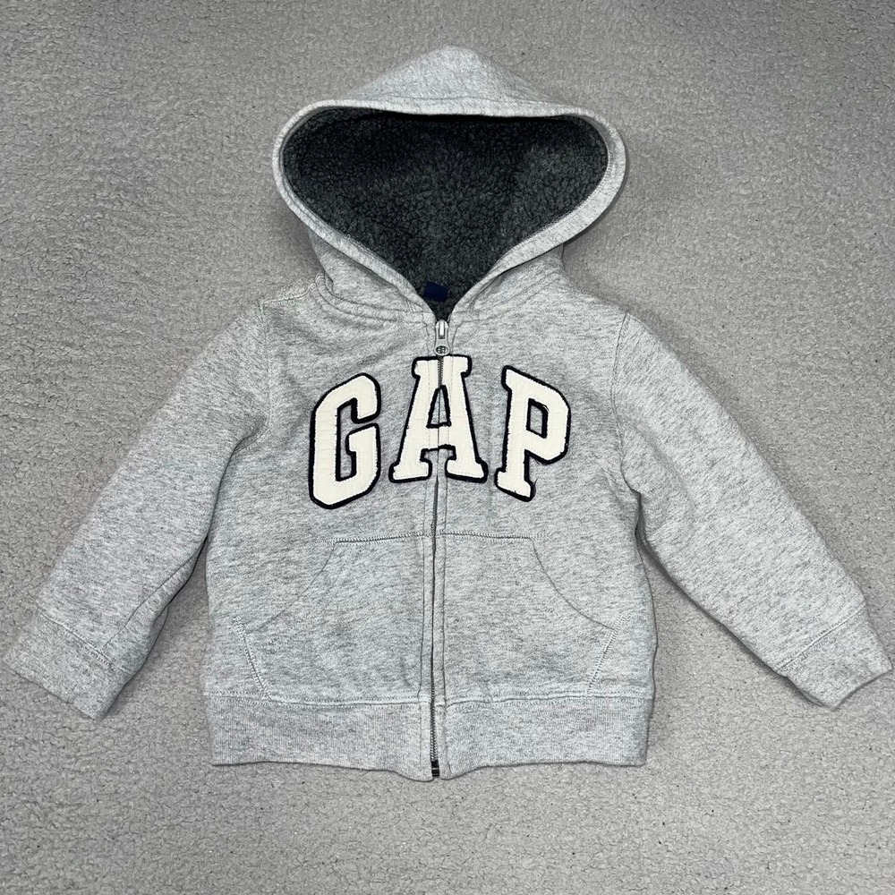 Baby Gap Hoodie Toddler Sz 3 Yrs Gray Sherpa Lined Embroider Logo Zip Up Jacket
